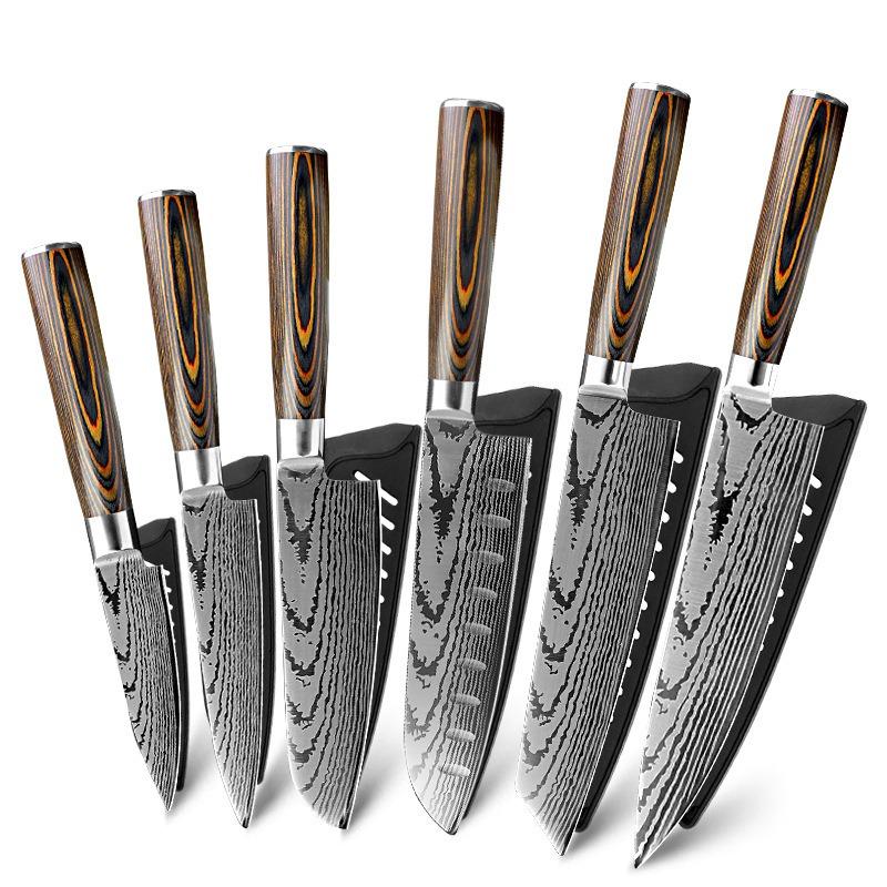 6 Pcs Damascus Laser Pattern Stainless Steel Kitchen Knife Set Kitchen Stuff Chopping Knife Fruit Cutter