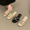 Internet Celebrity French Small Fragrant Wind Pearl Slippers Women's Summer 2025 New Outer Wear Flat Bottom One Word Drag Seaside Vacation Sandals