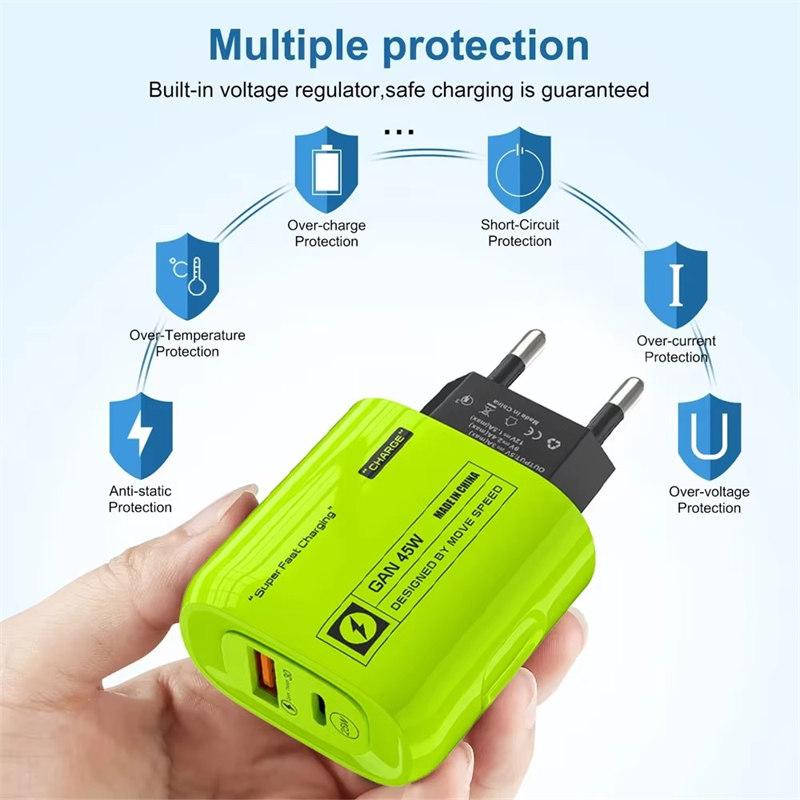 45 Вт USB Type C GaN быстрая зарядка настенный адаптер USB PD зарядные устройства QC3.0 дорожное зарядное устройство EU/US/UK вилка для iPhone 15 Samsung Xiaomi