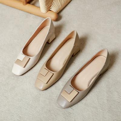 Туфли-лодочки на среднем каблуке, женские, на толстом каблуке, темпераментные, весна 2025, новые, с мелким вырезом, французские, из мягкой кожи, с квадратным носком