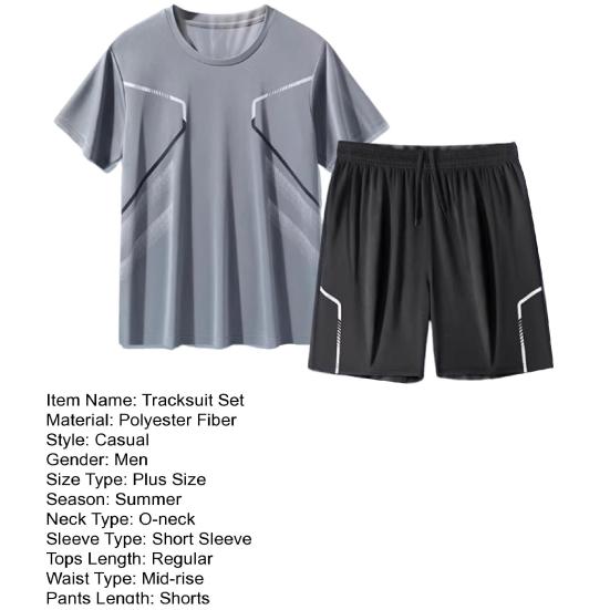 Комплект из 2 предметов: мужской спортивный костюм, круглый вырез, короткий рукав, футболка, эластичный пояс, шорты, быстросохнущая спортивная одежда