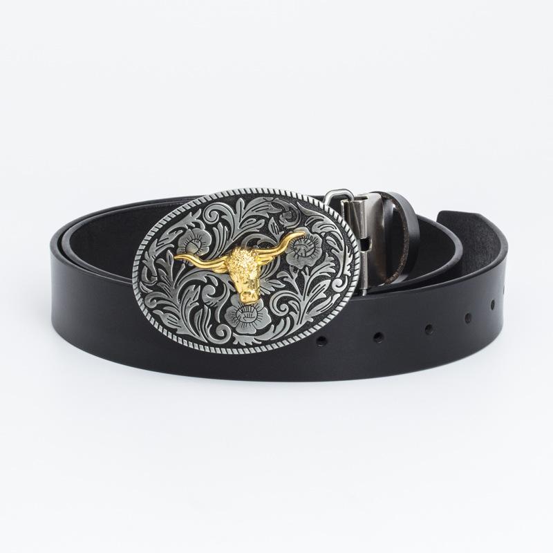 Fashion Personality Western Denim Belt Gold Plated Retro Cow Head Belt Men's Cow Leather Belt
