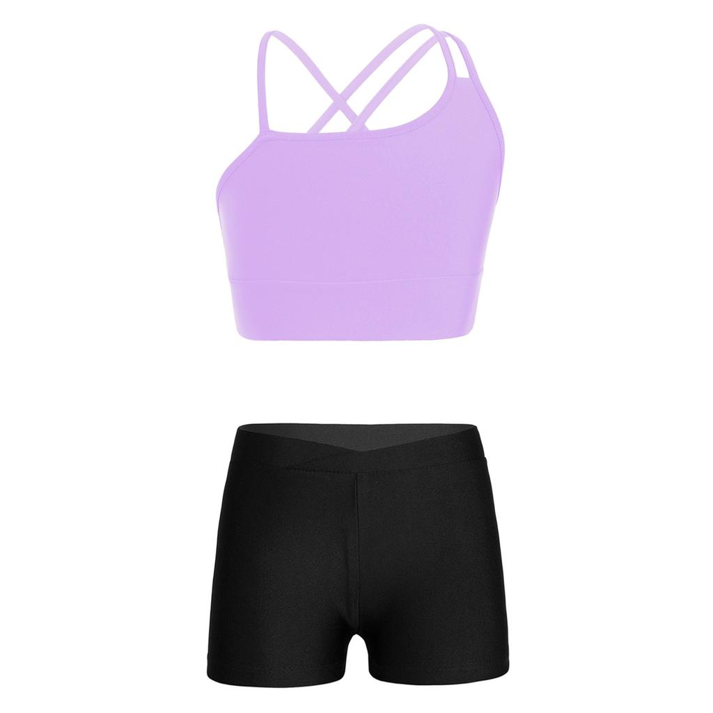 Kids Girls Asymmetrical Strappy Crop Top with Shorts for Sports Gymnastic Workout