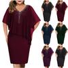 Women Plus Size V Neck Overlay Asymmetric Buttock Dress Chiffon Sequins Dress(S-5XL)