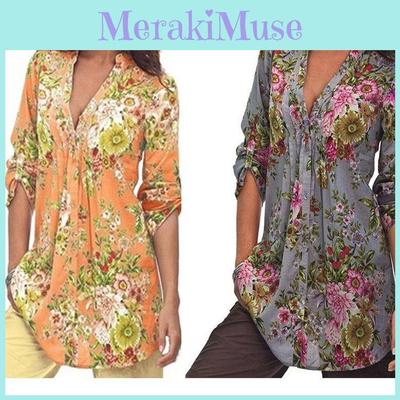 Топы Рубашка Женская Винтажный Цветочный Принт V-образный Вырез Туника Топы Блузка Подарок Одежда