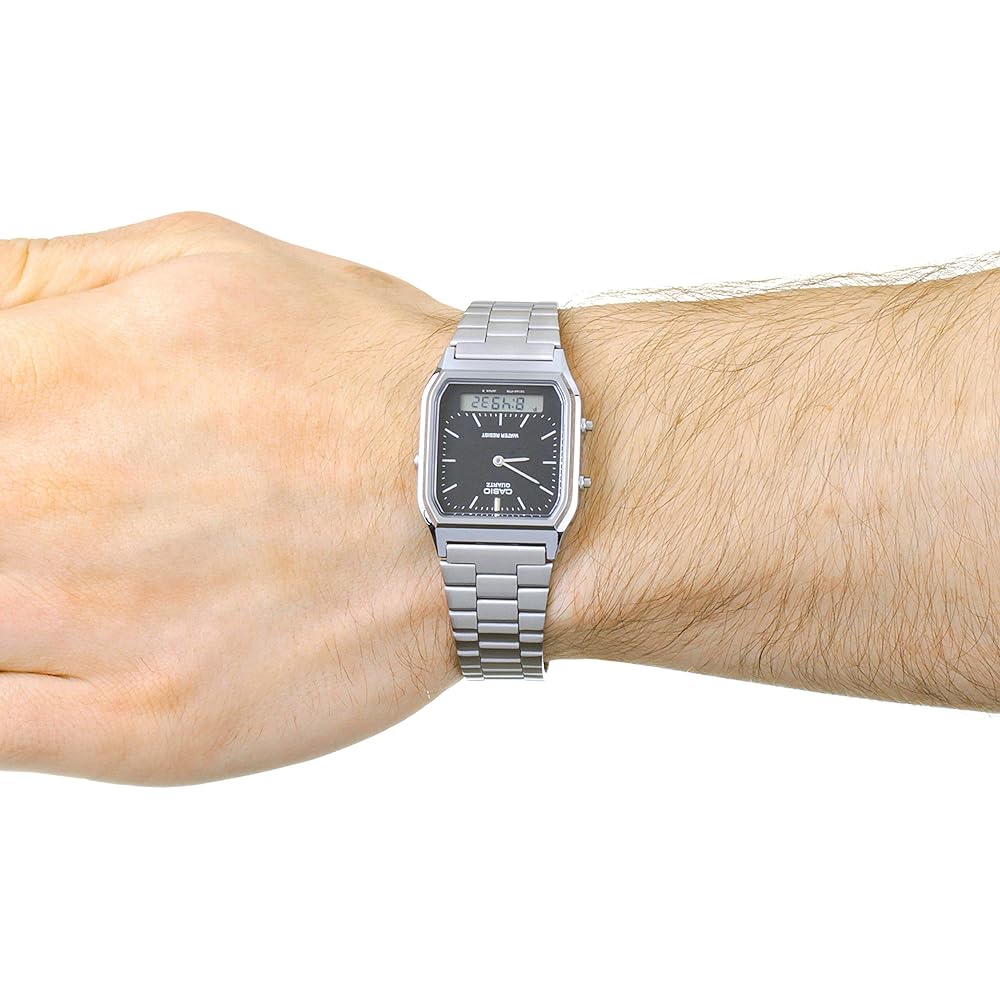 Мужские аналогово-цифровые часы Casio AQ-230A-1DMQYES Черный ремешок из нержавеющей стали
