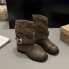 Vintage Pleated Pile Boots Pants Tube Boots Women's Autumn and Winter New Spice Girl Knight Boots Mid-tube Western Cowboy Boots