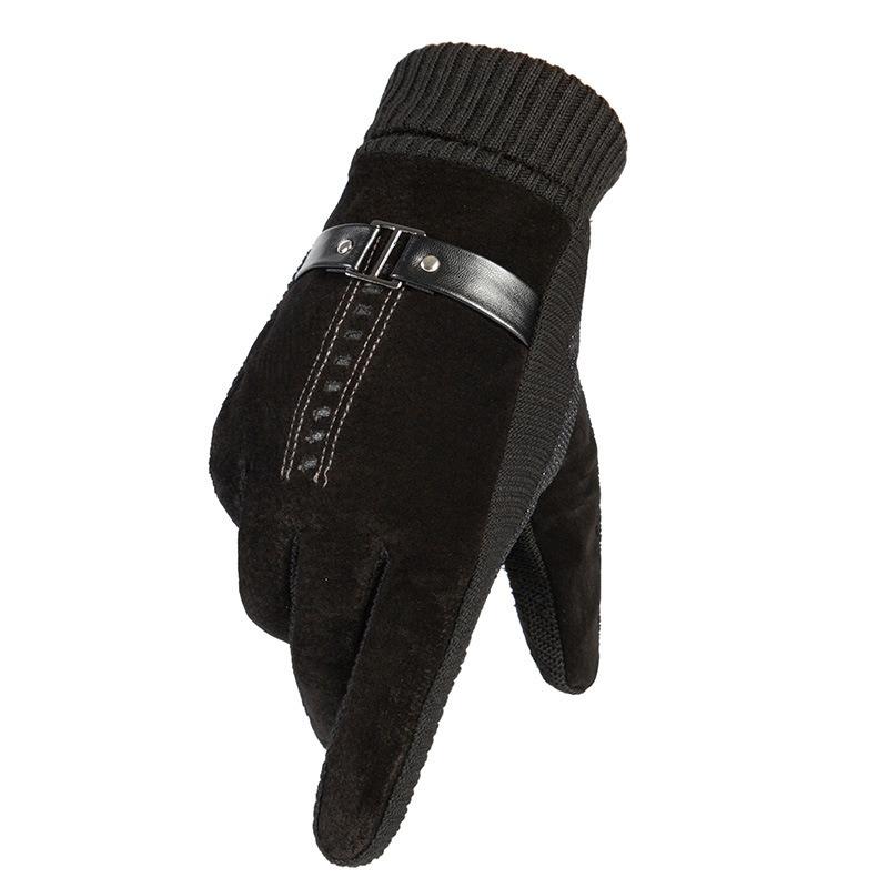 Warm Leather Gloves Knitted Splicing Pigskin Thickened and Velvet Outdoor Cycling Cold-proof Men's Autumn and Winter Touch Screen Gloves