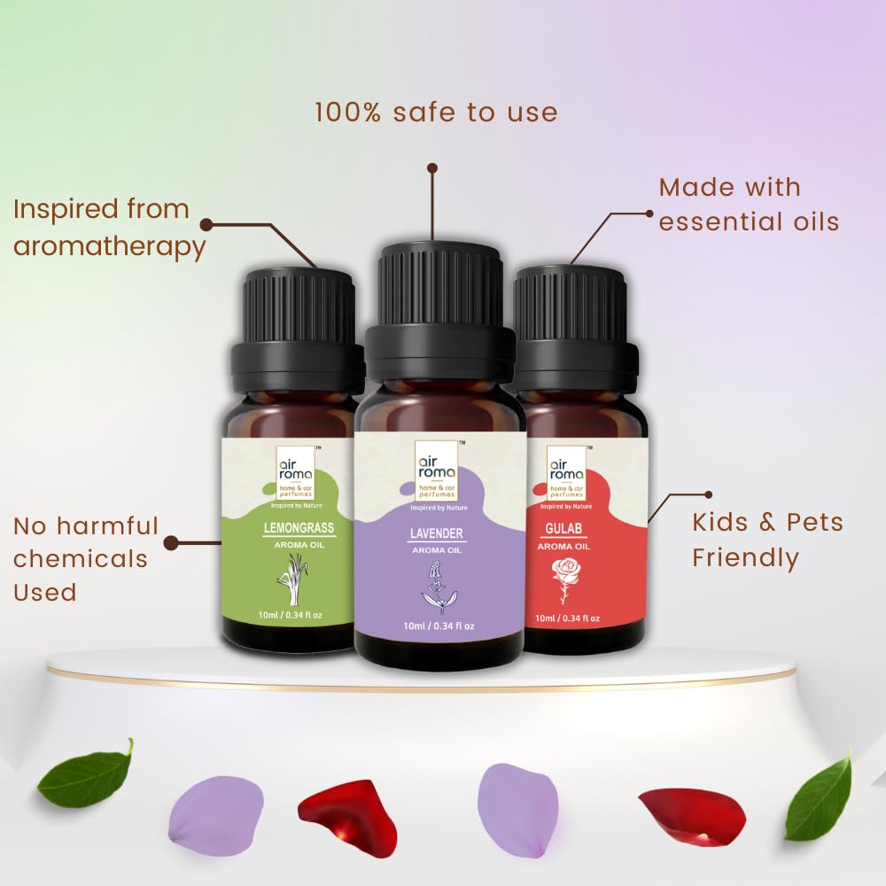 AIR ROMA Scented Diffuser Oil Pack of 6 | Lemongrass, Lavender, Eucalyptus, Orange, Rose and Teatree | Natural and Undiluted Aroma Diffuser Oil (