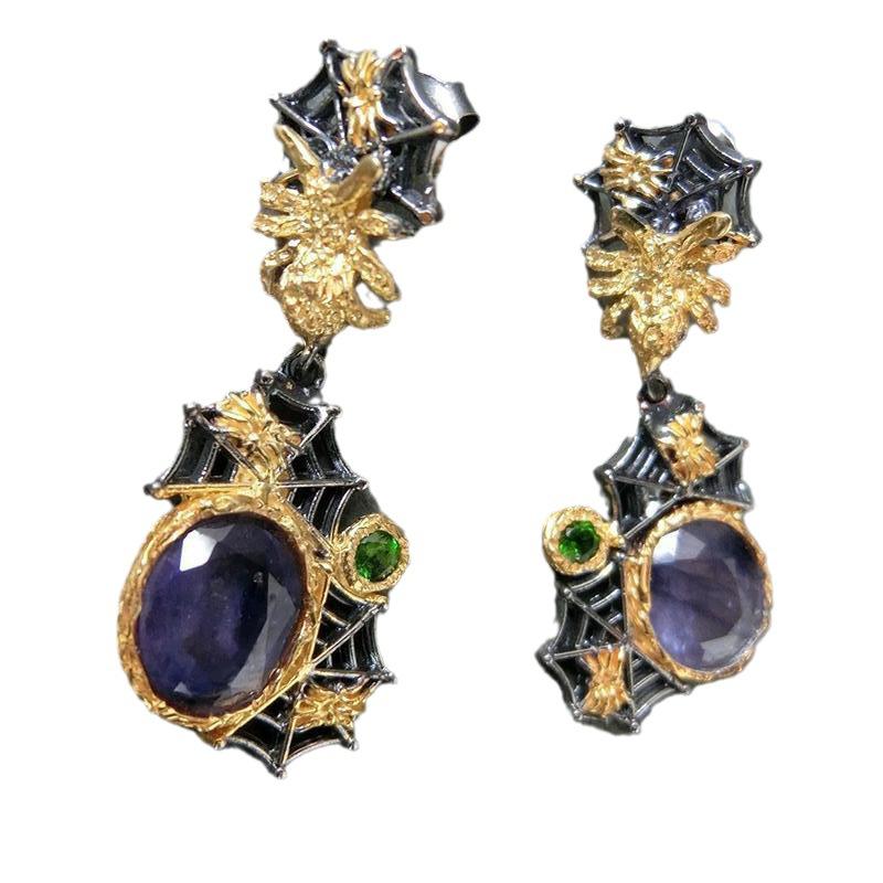 Vintage Temperament Purple Crystal Temperament Earrings Pop Two-tone Spider Web Design Handmade Earrings Women