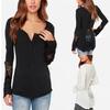 Elegant Lace Stitching Women's T-shirt Slim Fit Long Sleeve Cotton Top