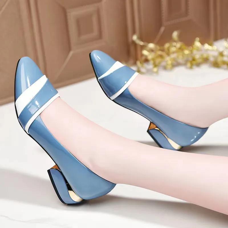 Sapatos Femininas Women Fashion Sweet Light Weight Blue Slip On Square Heel Shoes Lady Classic Comfort Shoes Ab662