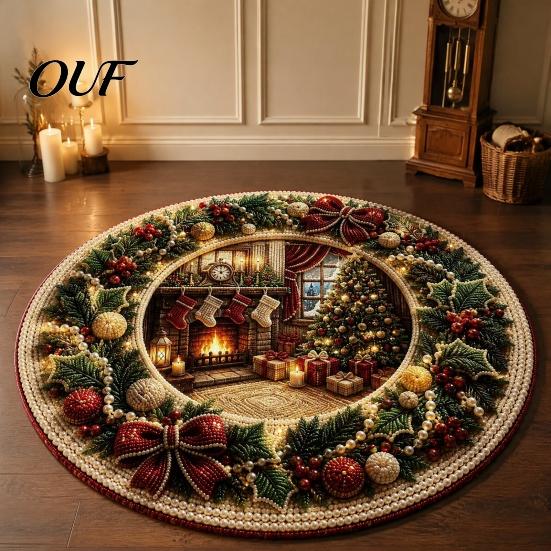 Holiday Fireplace Mat for Home Round Christmas 3D Rug, Optical Illusion Area Santa Gnome Rug Living Room Entrance Pattern, Non-slip Floor Entryway
