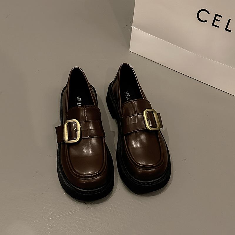 Британский стиль черные маленькие кожаные туфли женские 2025 весна и осень новые универсальные толстый каблук повседневные лоферы Мэри Джейн