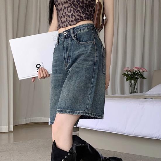 HWomen Denim Shorts High Waist Vintage Washed Straight Wide Leg Pure Color Button Zipper Closure Streetwear Knee Length Jeans Short Pants