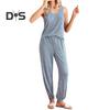 Женский комплект из двух частей пижамы вафельный трикотаж хлопковый домашний костюм без рукавов майка длинные брюки повседневная летняя домашняя одежда