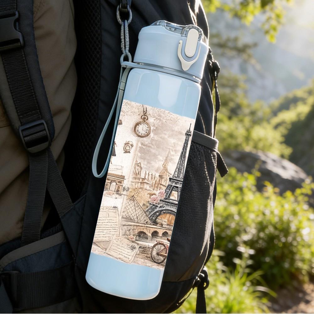 1PC Eiffel Tower Paris Retro Print 750ml Color Plastic Sports Water Bottle Leakproof Flip Straw Lid Suitable for Sports Office Home Use