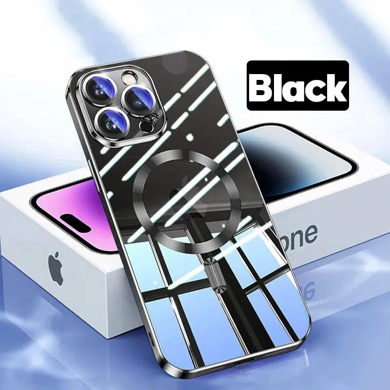 Роскошный чехол для телефона Magsafe с беспроводной зарядкой для iPhone 15 14 13 12 11 Pro Max Plus, прозрачный магнитный гальванический чехол-бампер