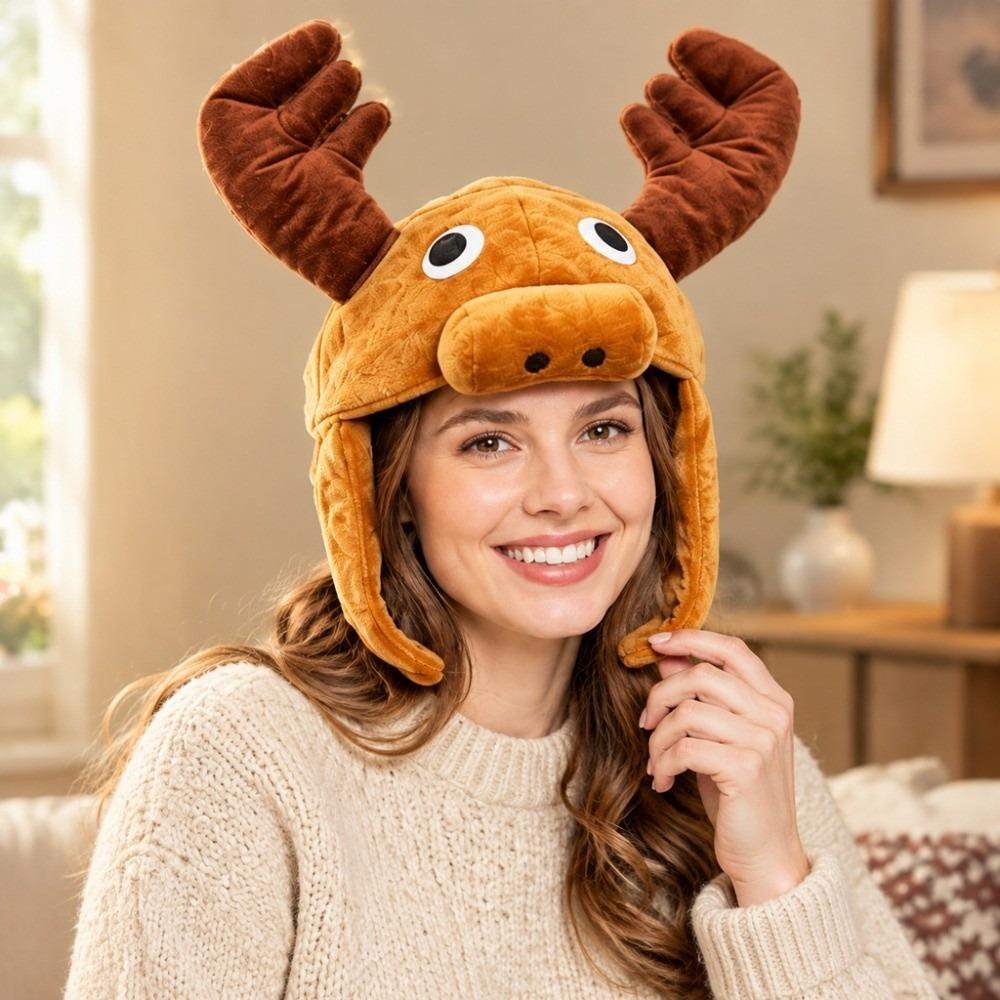 Ear Flap Deer Hat Deer Shape Christmas Hat Funny Plush Head Cover Christmas Party Wear