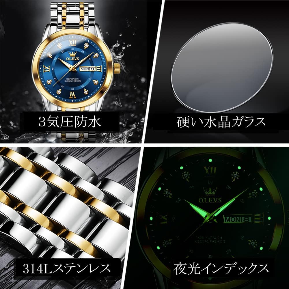 OLEVS Silver Popular Quartz Calendar Waterproof Watch for Men Brand Stainless Steel Stylish Blue Men's