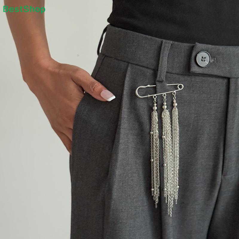 Metal Tassel Safety Pin Brooch, Long Chain Dangle Lapel Pin for Coat, Suit & Fashion Jewelry
