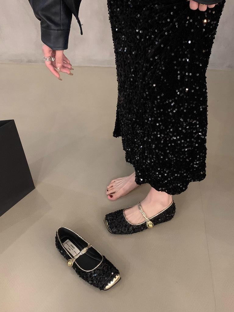 Нишевые туфли Мэри Джейн с пайетками высокого класса, женская обувь 2025 новая весенняя на плоской подошве, с французским темпераментом, вечерние туфли