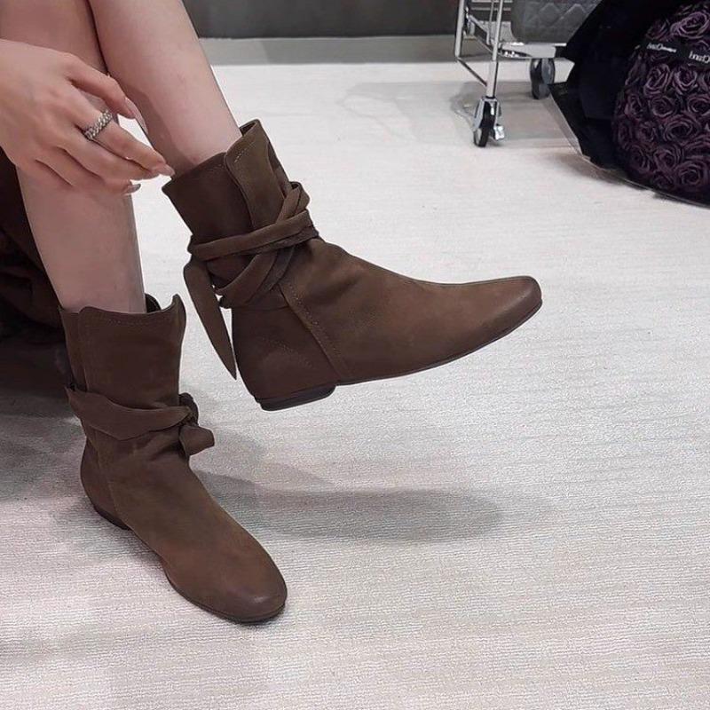 Vintage Design Bow Tie Short Boots Soft Sole Non-Slip Chelsea Boots French Black Flat Suede Botas Casual Comfort Women's Shoes