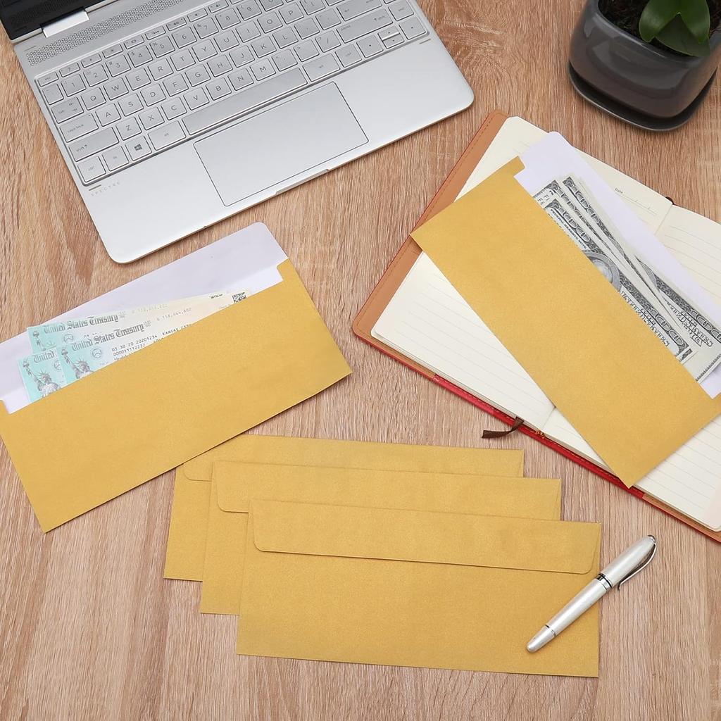 100 Pack Gold Metallic #10 Business Envelopes 4-1/8 x 9-1/2 in Square Flap Mailing Envelopes for Office, Business Letterhead, Invoices, Personal