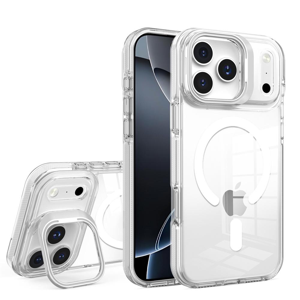 Magnetic Aluminum Alloy Lens Folding Stand Phone Case For 16 17 Pro Max Air 14 15 Plus 13 12 11 Clear Acrylic Back Cover
