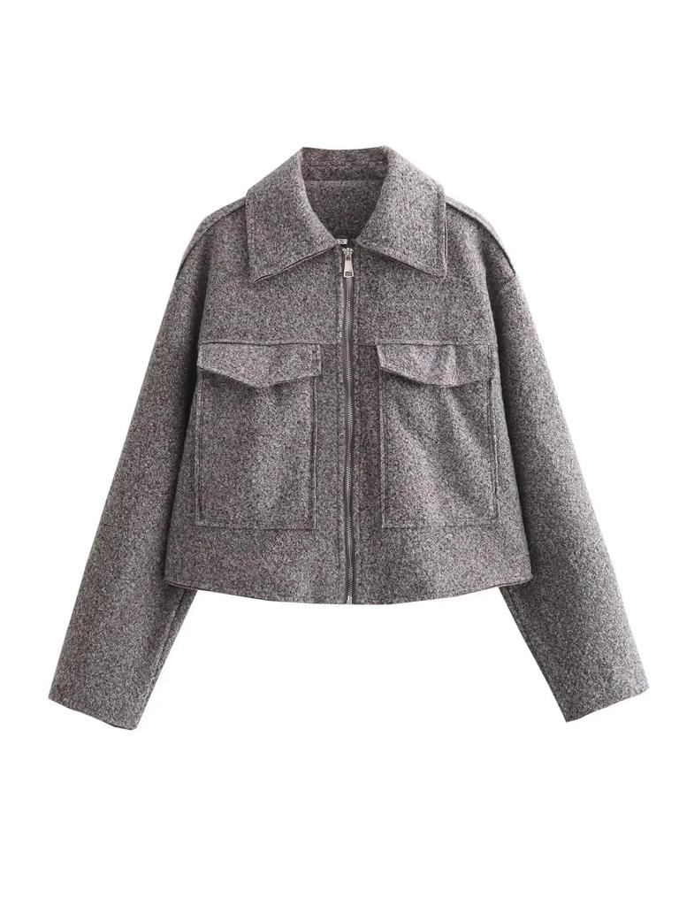 Autumn New Product Women's Fashion and Casual Versatile Polo Collar Long Sleeve Zipper Short Jacket Coat