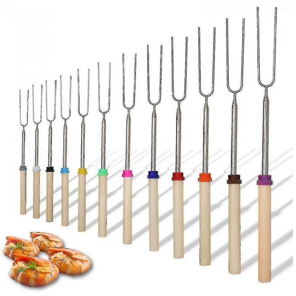 Grill Stick Wooden Handle Set 8 Skewers Retractable Fork Grill Tools