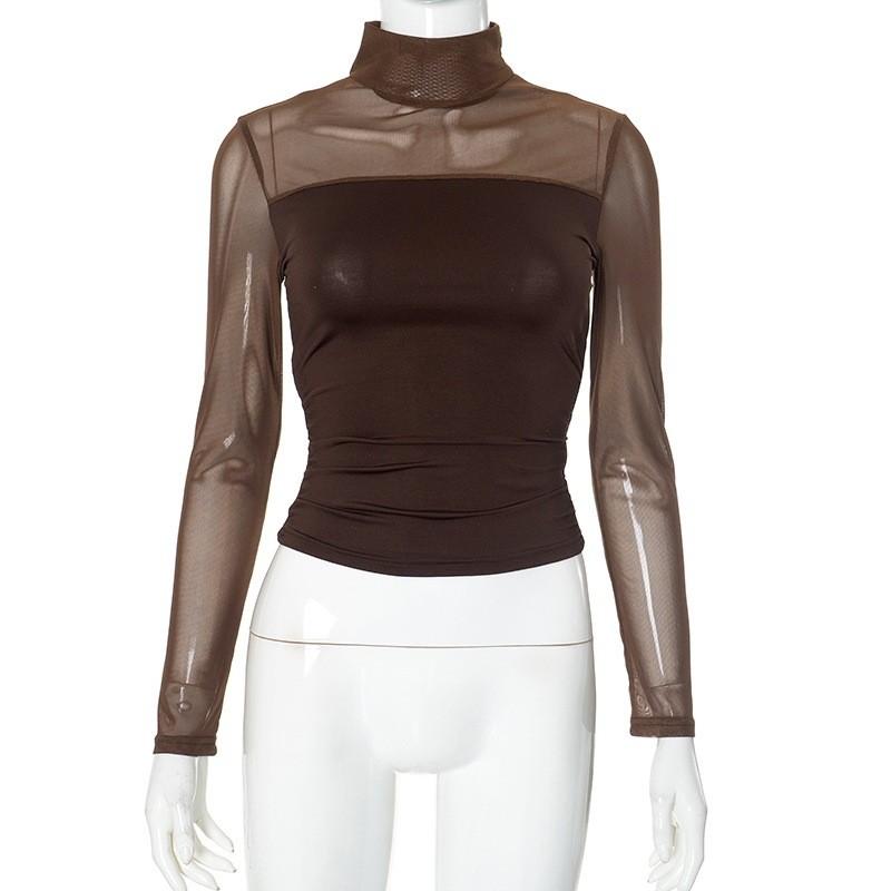 Womens Long Sleeve Basic T Shirt With Sheer Panel And High Neck For Casual Wear