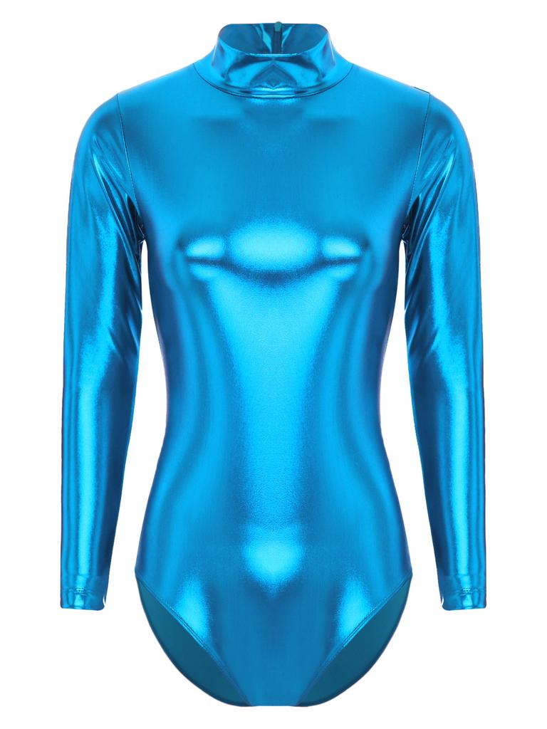 Женский блестящий спортивный купальник металлик, боди с длинным рукавом, облегающие узкие колготки, цельный комбинезон Rave Disco Party Performance
