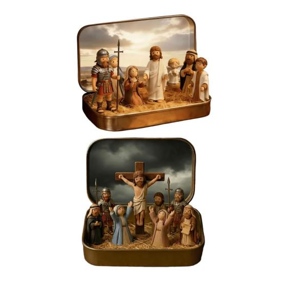 Little Jesus in Tin Box Miniature Jesus Crucifixion Resurrection Scene Ornament Pocket Jesus Figure Set Religious Home Office Desktop Decoration
