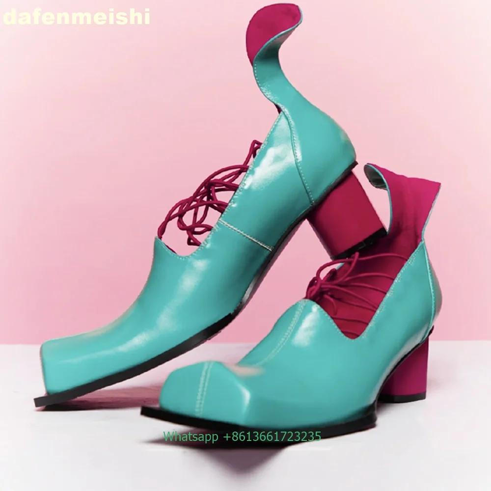 Туфли-лодочки странного стиля с квадратным носком и круглым каблуком 2025 Весна Новые на платформе Ретро Сандалии на толстом каблуке Красный каблук Шнуровка Женские