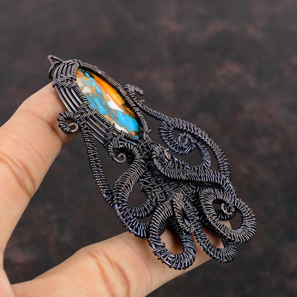 Колючая устрица Медь Бирюза Подвеска Медная проволока Осьминог Кулон ручной работы Драгоценные камни Подвеска из медной проволоки Подарок для нее