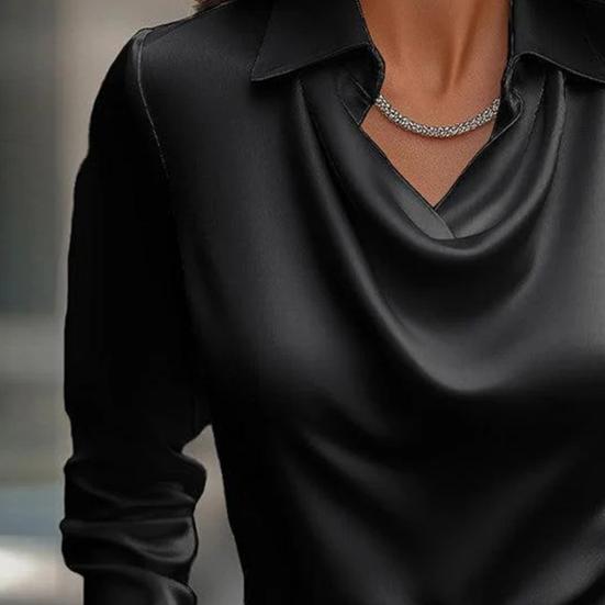 Женская рубашка с лацканами, воротником-качели, длинными рукавами, однотонная, из гладкого сатина