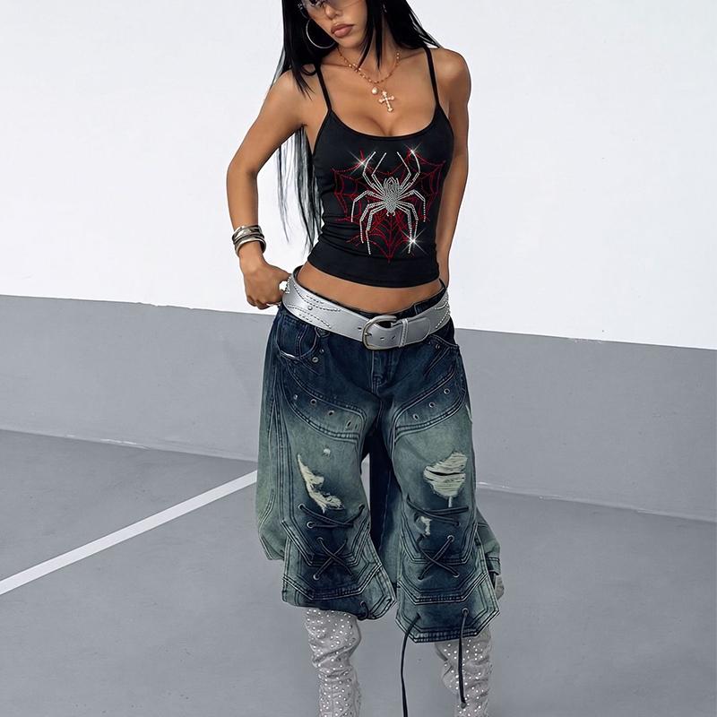 Rhinestone Spider Web Cami Tank Top for Women Y2K Gothic Sleeveless Crop Top Slim Fit Streetwear Party