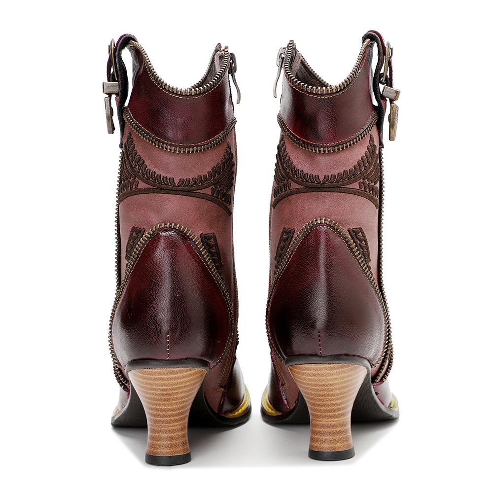 Johnature Модные туфли на высоком каблуке, женские короткие сапоги из натуральной кожи с изысканной вышивкой и молнией по краям