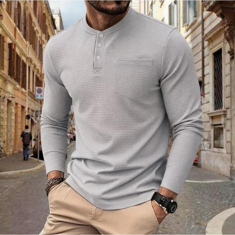 Мужская вафельная футболка-henley с длинным рукавом и карманом