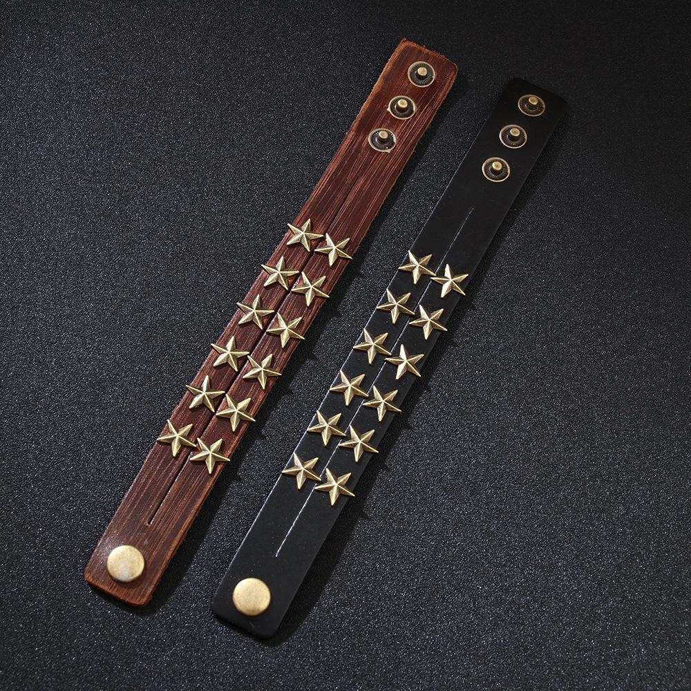 Vintage Cowhide Bracelet with Metal Star - Adjustable and Stylish for Men