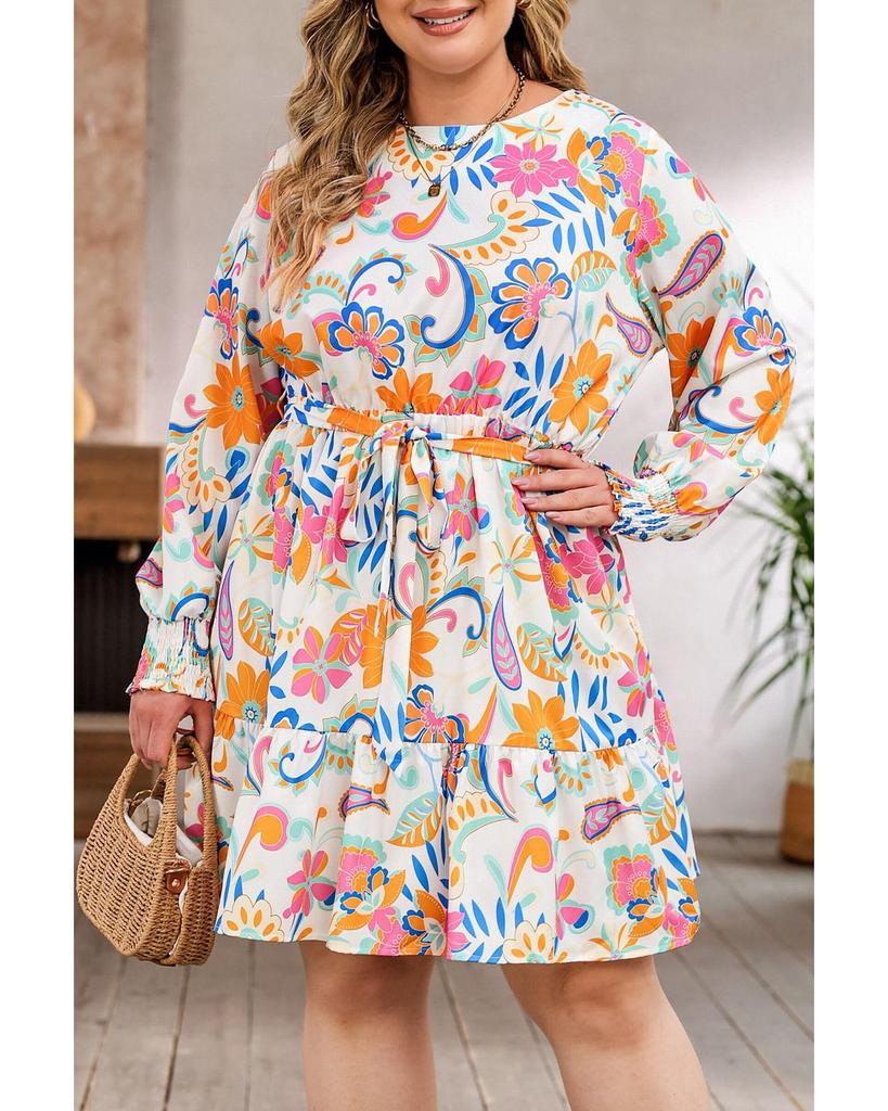 Azura Exchange Orange Paisley Floral Print Belted Plus Size Dress