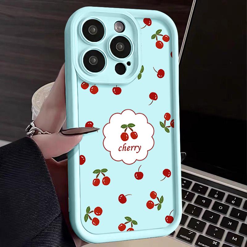 Для iPhone 16 Pro 15 14 Plus 13 12 Pro Max 11 Xs Xr 8 7 Cherry Pattern матовый ударопрочный мягкий TPU защита линз противоударный чехол конфетного цвета