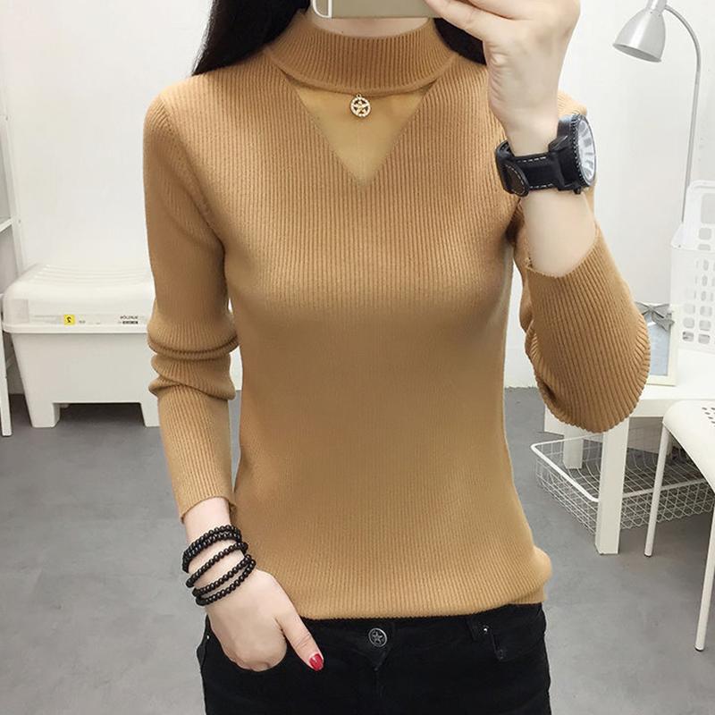 Women Semi-high Neck Slim Sweater Korean Version of The Knitted Bottoming Sweater Hollow Mesh Sweater Autumn and Winter