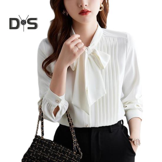 Женская рубашка со стоячим воротником, шнуровкой, бантом, длинным рукавом, плиссированный пуловер, однотонная свободная шифоновая блузка