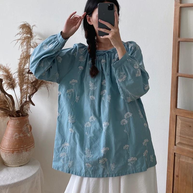 Johnature Винтажные вышитые топы, блузки, весна-осень, повседневные женские рубашки с длинным рукавом