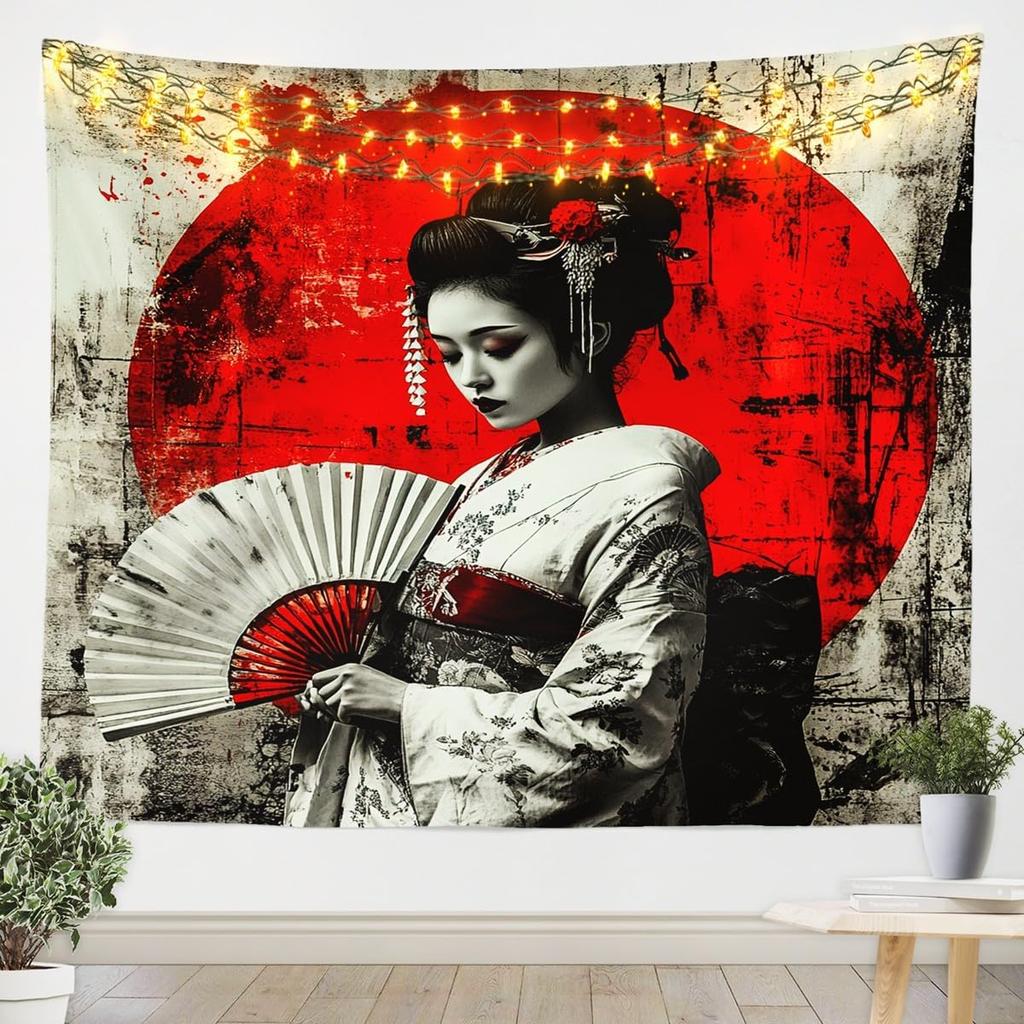 Geisha TapestriesJapanese Kimono MtFuji Tapestry For BedroomRomantic Pink Cherry Blossom Wall Tapestry For Girls WomenRed