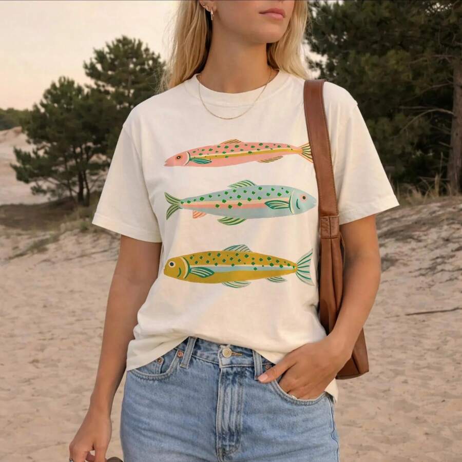 Unisex 100 Cotton Short Sleeve Graphic Tee Colorful Fish Ocean Seafood Beach Coast Illustration Print Summer Casual Daily Tops Multicolors