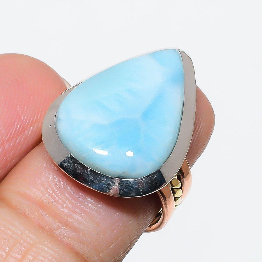 Natural Larimar Gemstone 925 Solid Sterling Silver TwoTone Gift Ring S.7 s9M28