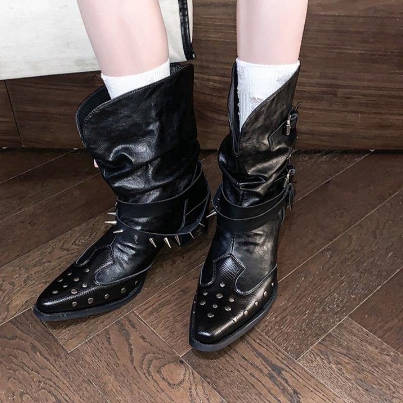 Pleated Short-thigh Boots Women's Autumn New Pointed Toe Studded Metal Buckle Sleeve Non-slip Block Heel Kitten Shoes